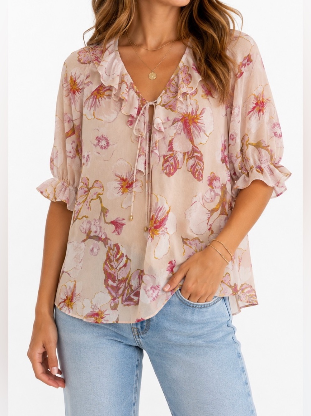 Joie Blush Floral Ruffle Tie-Neck Short Sleeve Blouse - Size M